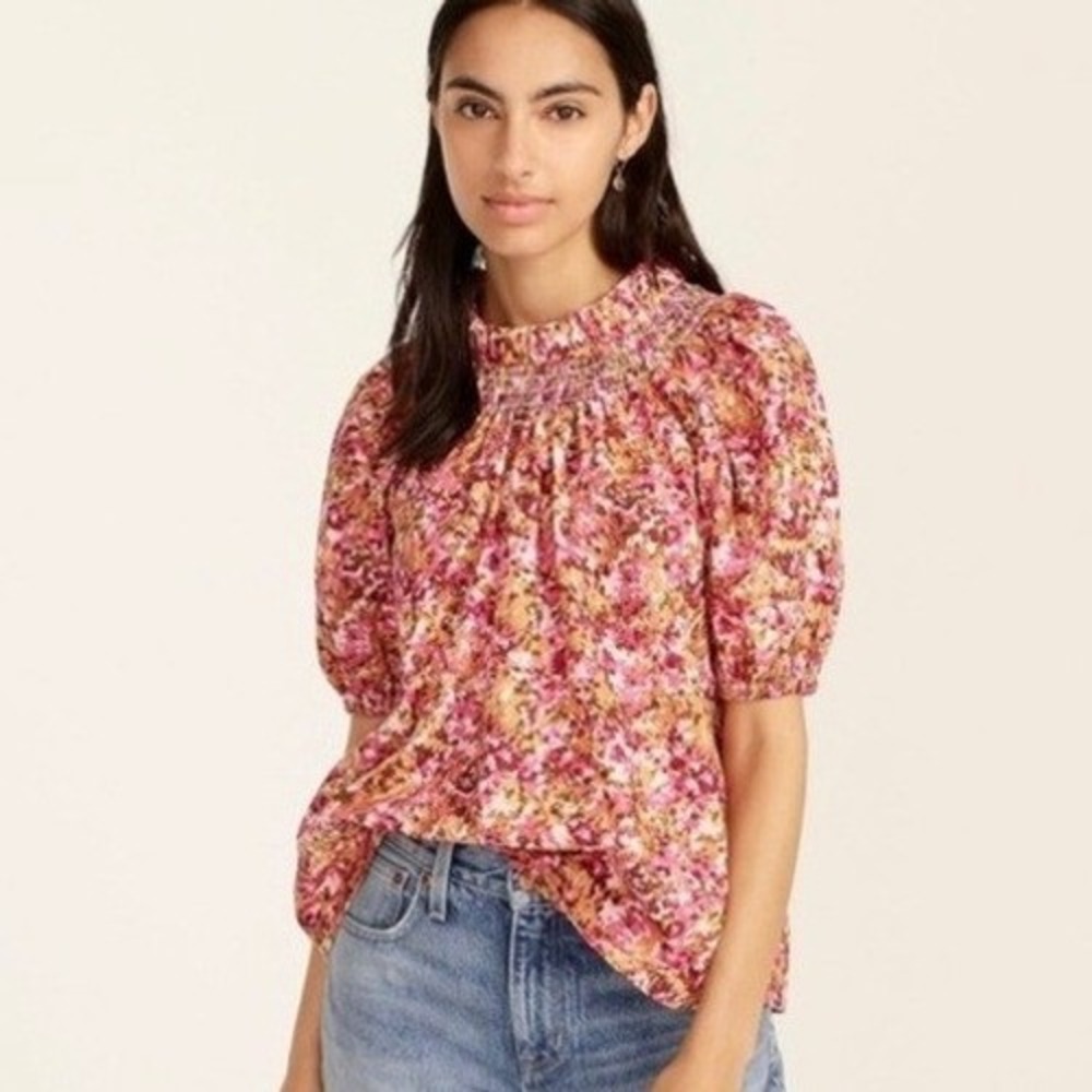 J.Crew Smocked Neck Puff Sleeve‎ Top XS Pink Floral Lace Back Blouse
